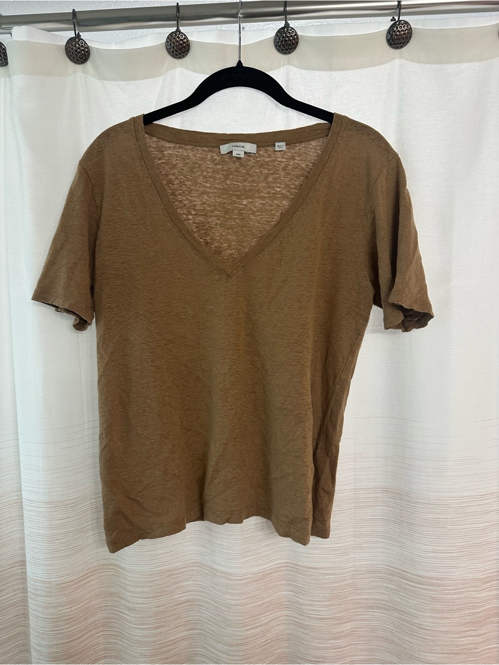 VINCE Camel Brown Linen V-Neck Short Sleeve Tee Size M